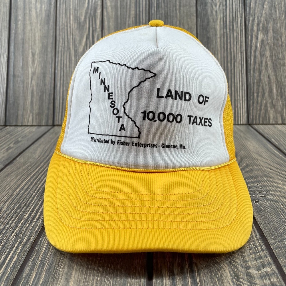 Vintage 80s Minnesota Land Of 10,000 Taxes Funny Graphic Yellow White‎ Cap 90s
